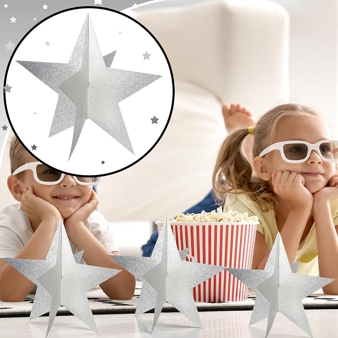 Sinload 18 Pcs Large 3D Glitter Star Decorations Back to School Work Silver Star Centerpiece Standing Hanging Decor for School Centerpiece Starry Movie Night Themed Party Decor