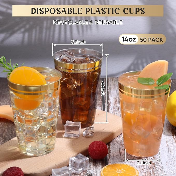 Sliner 50 Pcs Hard Plastic Cups Double Rimmed Plastic Cups Heavy Duty Fancy Wine Glasses for Holiday Christmas New Year Winter Birthday Party Supplies(14 Oz,Gold)