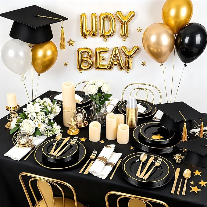 SUT 175 Pcs Black and Gold Plastic Dinnerware Set for 25 Guests, Include: 25 Dinner Plates, 25 Dessert Plates, 25 Pre Rolled Napkins With Silverware, 25 Cups, Disposable Plates for Party