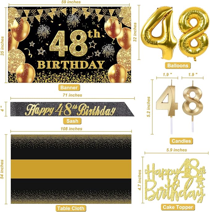 48th Birthday Decorations Men Women with 48th Birthday Banner, Black and Gold Table Cloth, Number Balloons, Large Sash, Cake Topper and Candles