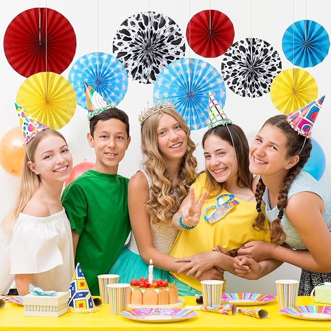 Outus 9 Pcs Cartoon Story Party Paper Fans Blue Sky White Clouds and Cow Print Hanging Decorations Red Yellow Blue Paper Fans Hanging Ceiling Wall Decors for Birthday Baby Shower Party Supplies