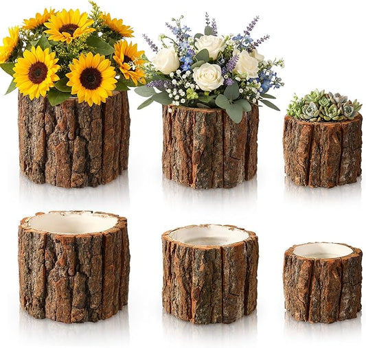 6 Pcs Wooden Vase for Centerpieces Wedding Flower Table Centerpieces Woodland Party Decor Rustic Farmhouse Bark Stump Buckets Vintage Planter Pots for Garden Baby Shower Window Home (L+m+s)