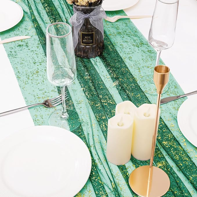 BINBE 1PCS Green Table Runner 10Ft Sheer Chiffon Fabric Cheesecloth Sequin Glitter Table Runner for Wedding Birthday Party Decor