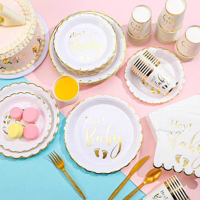 400 Pcs Baby Gender Reveal Plates and Cups and Napkins Sets with Forks Spoon Party Supplies Baby Shower Paper Tableware Gender Reveal Decorations Disposable Cutlery, Serves 50(Gold,Hey)