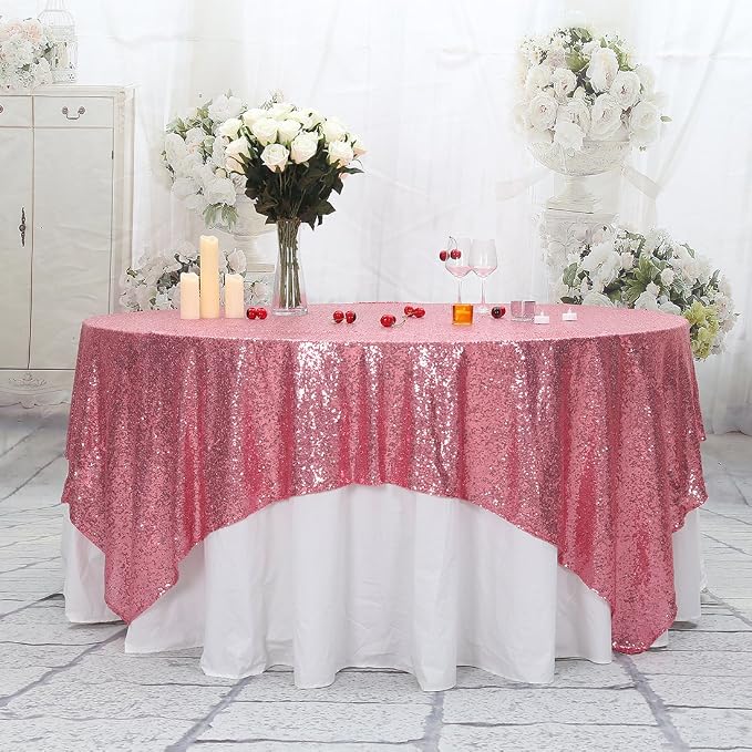 Poise3EHome Fuchsia Pink Sequin Tablecloth 50×50 Inch Square Sparkly Fabric Table Cover Overlay for Valentine Birthday Wedding Party Holiday Baby Shower Decoration