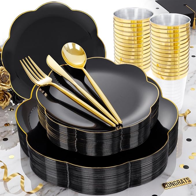 EI 180pcs Black Plastic Plates with Gold Plastic Silverware,Black and Gold Plates Disposable,Heavy Duty Plate for Party,Wedding,Anniversary,Spring Afternoon Tea Business Event,Graduation Decorations