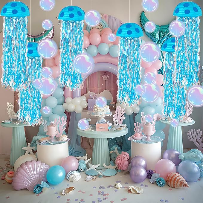 18 Pcs Under The Sea Party Decorations-6pcs 10'' Hanging Jellyfish Paper Lanterns， Bubble Garlands Crepe Paper for Shower - Mermaid Birthday Decorations，Ocean Theme Classroom & Beach Room Decor Blue