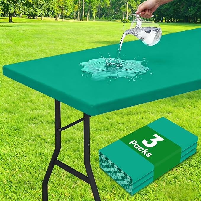 Smiry 3 Pack Rectangle Table Cloth, Elastic Fitted Flannel Backed Vinyl Tablecloths for 8ft Folding Tables, Waterproof Wipeable Table Covers for Indoor, Outdoor, Camping and Picnic (Green, 30"x96")