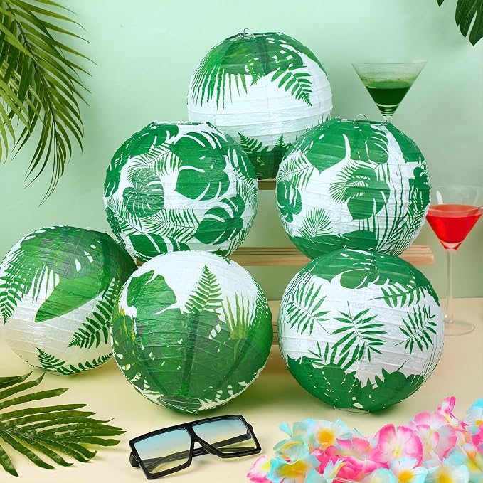 Panelee 12 Pcs Tropical Party Decorations Palm Leaves Paper Lanterns 8 Inch Hawaii Luau Summer Hanging Round Lanterns Decorations for Tropical Party Indoor Outdoor Decor