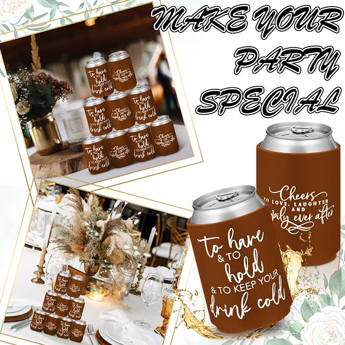 Qinyoung 50 Pieces Chocolate Wedding Can Cooler Sleeves Bulk Engagement Party Favors for Guests Cheers to Love Laughter and Happily Ever After Rehearsal Dinner Decorations for Wedding Bridal