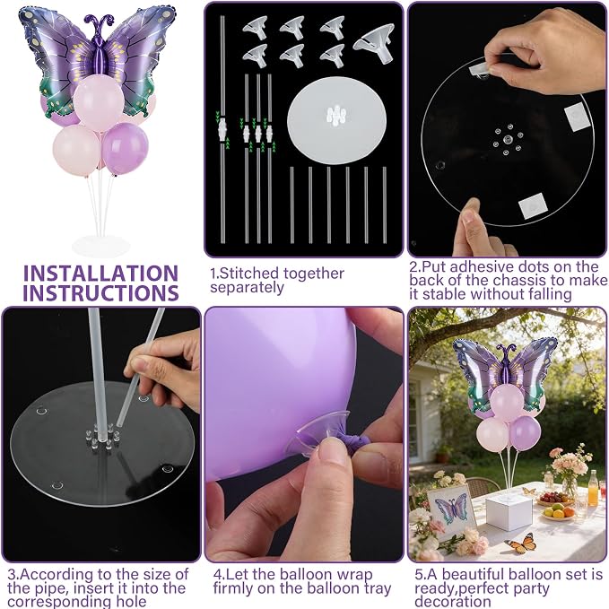 Butterfly Party Balloons Stand Kit 2 Sets With 2 Purple Gradient Butterflies Foil Balloons Centerpieces for Tables Butterfly Themed Party Balloon for Baby Shower Butterflies Theme Birthday Decorations