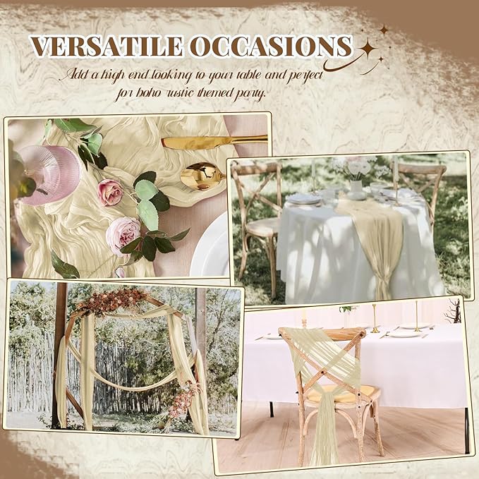 12 Pack Cheesecloth Table Runner,Ivory Table Runner Long Romantic Semi Sheer Rustic Boho Gauze Table Runners for Wedding Bridal Shower Birthday Party Decorations(17.7×108 Inch)
