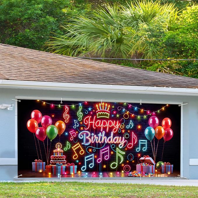 Neon Birthday Garage Door Banner 7x16ft Glow in Dark - Colorful Music Notes & Balloon Backdrop,Glow Party Decor for Adults,Photo Booth Background