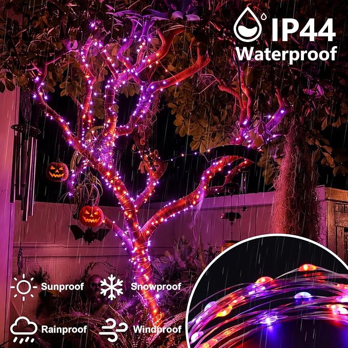 QITONG 4 Pack Solar Halloween Lights, Each 33ft 100 LED Orange and Purple Fairy Lights Outdoor Waterproof, 8 Modes Copper Wire Solar String Lights