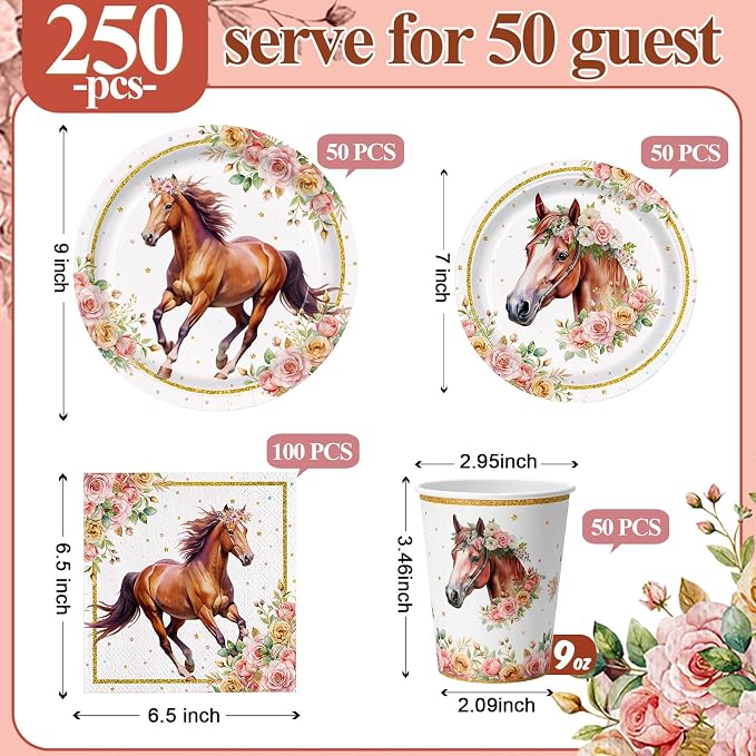 Pickmesh 250 Pcs Horse Birthday Party Decorations Pink Floral Cowgirl Disposable Tableware Set Cowboy Paper Plates Napkins Cups for Western Wedding Bachelorette Fairy Baby Bridal Shower Party Serve 50