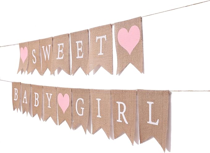 Sweet Baby Girl Burlap Banner - Sweet Baby Boy Shower Decorations, Rustic Baby Shower Decorations, Photo Decoration Props (Sweet Baby Girl Pink)