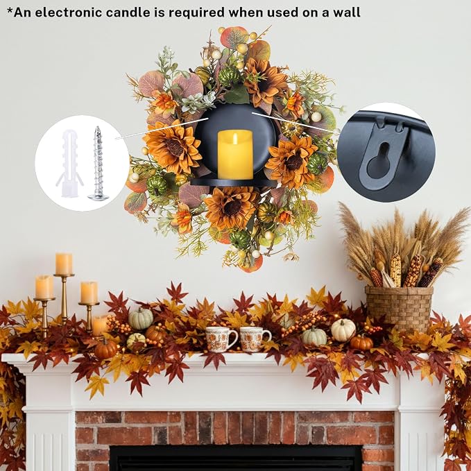 MOYEE Autumn Centerpieces for Tables Candle Ring, Black Metal Candlestick with an Artificial Wreaths 14 in Versatile Dining Table Centerpiece Decor (Sunflower Wreath)