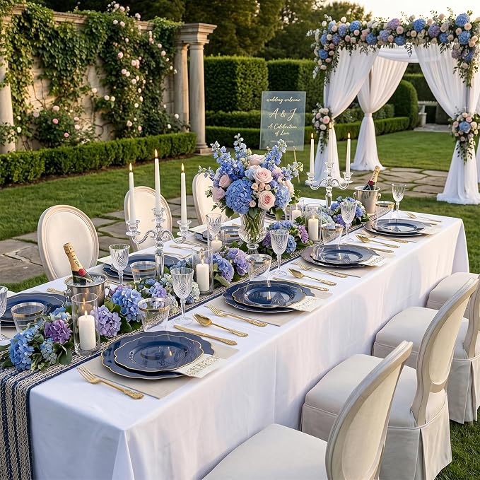 NOCCUR 175PCS Blue Plastic Plates with Disposable Silverware - Include 50 Blue Disposable Plates with Gold Rim,75 Gold Cutlery,25 Cups,25Napkins for Party/Wedding/Graduation/Independence Day