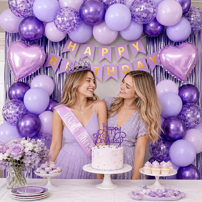 Purple Birthday Decorations for Women Girls,Purple Latex Balloons with Happy Birthday Banner,Fringe Curtain,Cake Topper,Sash and Crown for Birthday Party Supplies