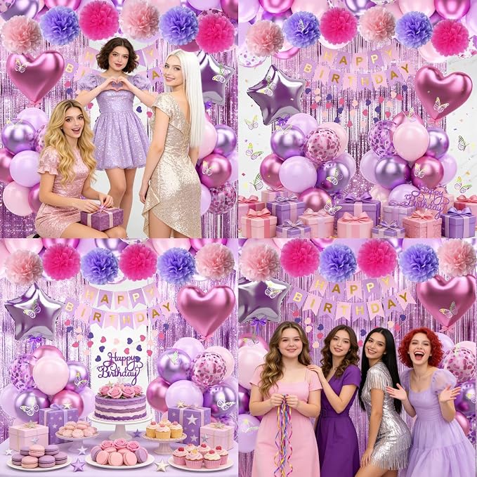 Purple Pink Birthday Decorations Balloons Pink Purple Happy Birthday Banner Cake Topper Fringe Curtain Paper Pom Poms Butterfly Sticker Metallic Hot Pink Heart Star Foil Princess Party Girls Women