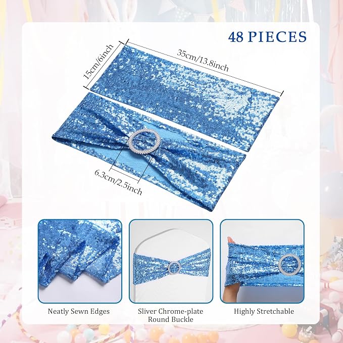 54 Pieces of Blue Sequin Chair Ribbons and Table Runners, 48 Sequin Chair Bows, 6 Glitter Table Runners, Suitable for Wedding Parties Birthday Meeting Events Decorations (Blue)