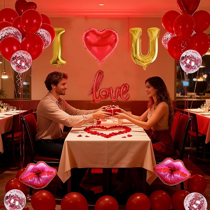 32 Inch I Love You Balloons Red Gold Balloon with Heart Shaped, lips, Love Foil Balloons and 1000 Pieces Rose Petals for Anniversary Valentine's Day Proposals Decorations