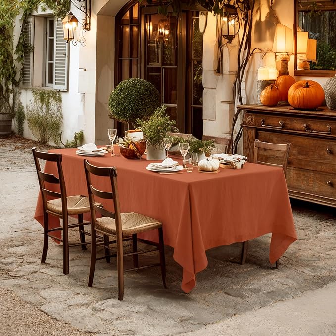 Linen World Fall Linen Tablecloth 120" x 60" Inch,French Linen Washable Rectangular Table Cloth for Dining,Outdoor,Weddings and Restaurants,Decorative Thanksgiving Christmas,Burnt Orange
