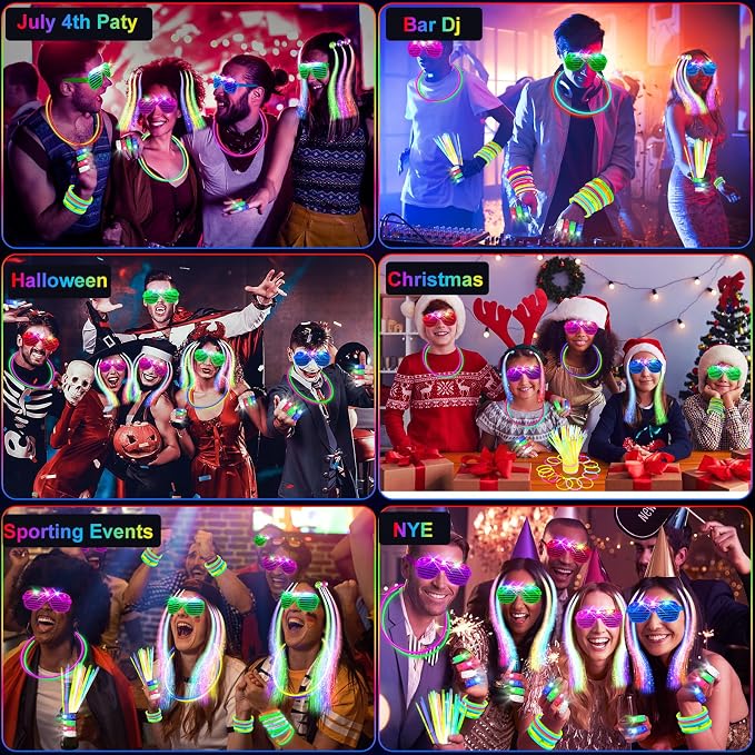 SHQDD 158 PCS Glow in the Dark Party Supplies, 14PCS LED Glasses, 30LED Finger Lights,14LED Light Hairs and 100PCS Glow Sticks Bracelets, Neon Party Favors for Wedding, Concert, 4th of july, Halloween