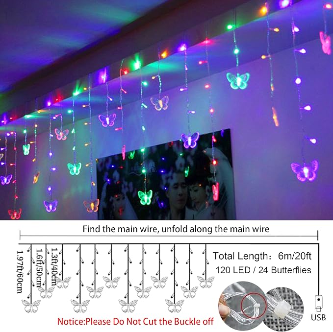 Butterfly Curtain Fairy Lights USB Plug in,120 LED 8 Modes 20FT Firefly Twinkle Icicle String Lights with Remote Timer Waterproof Copper Wire for Bedroom Patio Christmas Wedding Party Dorm(Multicolor)
