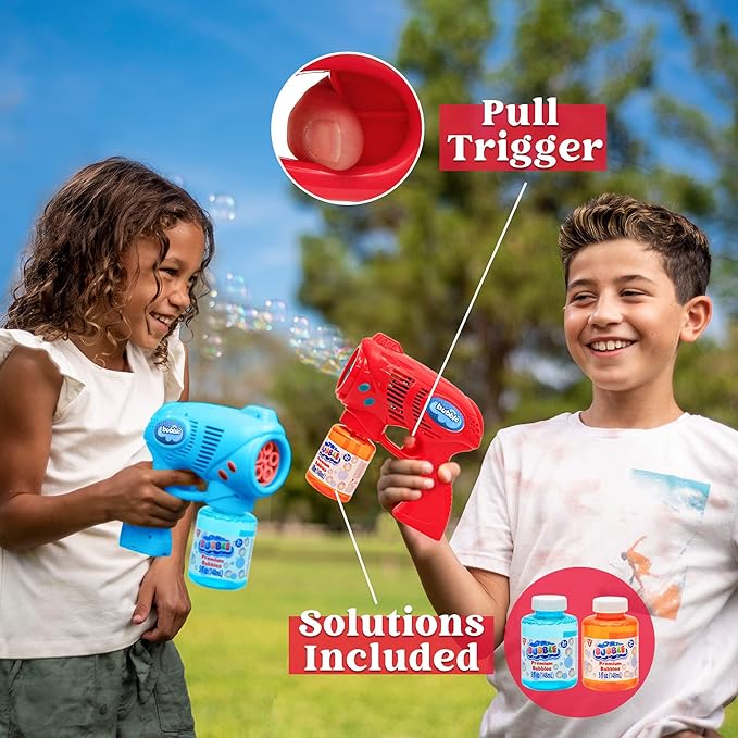 JOYIN 2 Bubble Guns with 2 Refill Solution (10 oz Total), Bubbles Maker, Blower, Machine Gun Blaster for Kids, Toddlers, Outdoors Activity, Party, Birthday Gift, Easter Toys (Blue+Red)