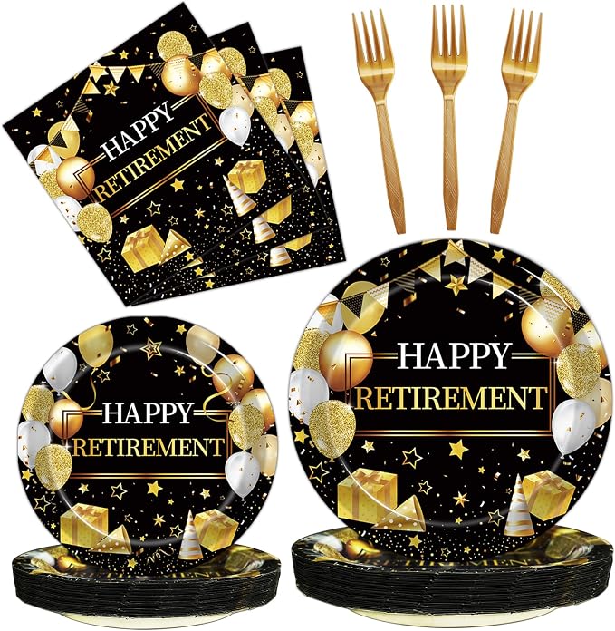 Kepeel 96 Pcs Retirement Party Plates and Napkins Set, Happy Retirement Party Supplies Decorations for Men Women Gold and Black Farewell Going Away Disposable Dinnerware Tableware Kit, Serves 24