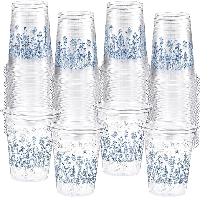Funnymoom 60 Pack Blue Floral Plastic Cups 12 oz Blue White Flower Wildflowers Disposable Clear Plastic Drinking Cups for Summer Spring Wedding Bridal Baby Shower Birthday Party Decoration Supplies