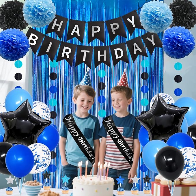 Blue and Black Birthday Decorations, 50PCS Happy Birthday Decorations for Men with Banner Balloons Sash Foil Fringe Curtain Paper Pompoms, Blue Party Decoration Party Supplies for Boys Kids