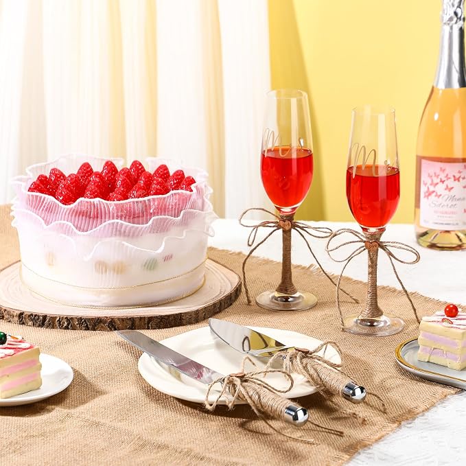 Honoson 5 Pcs Cake Knife Server Set Champagne Glasses Wooden Slice Cake Topper Set Rustic Wedding Decorations Mr and Mrs Champagne Flutes Bride Groom Valentines Day Glasses Anniversariesn