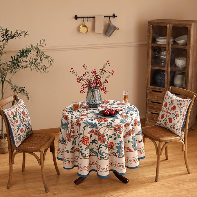 patdrea Elegant French Linen Tablecloth,Round,Diameter 55"-Puno | Luxurious Table Cloth for Round Table,Vintage Colorful Floral Design,Dining Room Kitchen Tea Party Decorations