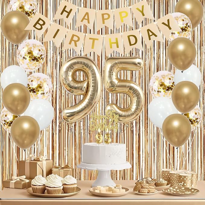 Trgowaul 95th Birthday Decorations for Women, Banner, Sash and Crown, Cake Topper, 95 Number Balloon, Fringe Curtains, Champagne Gold 95th Birthday Party Supplies