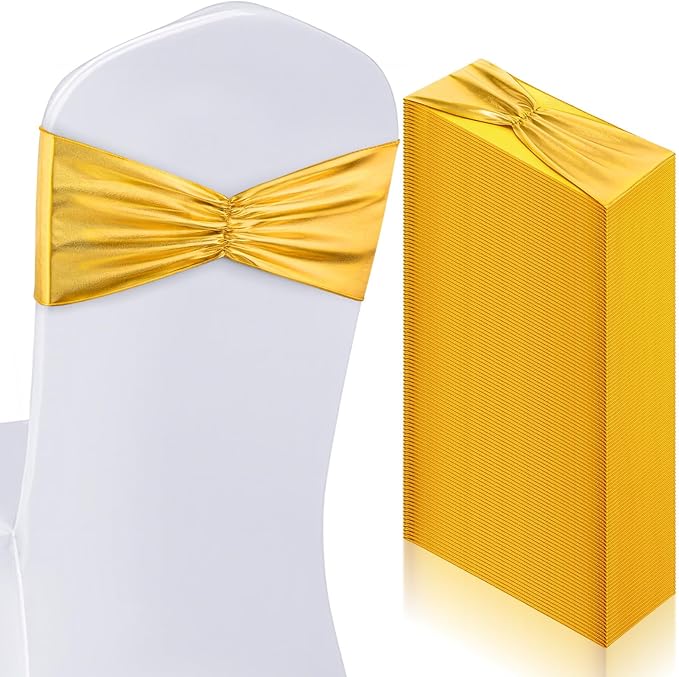 Hahafelt 50 Pcs Chair Sashes Shiny Bow Spandex Bands for Chair Wedding Banquet Parties Reception Restaurant Decoration (Gold)