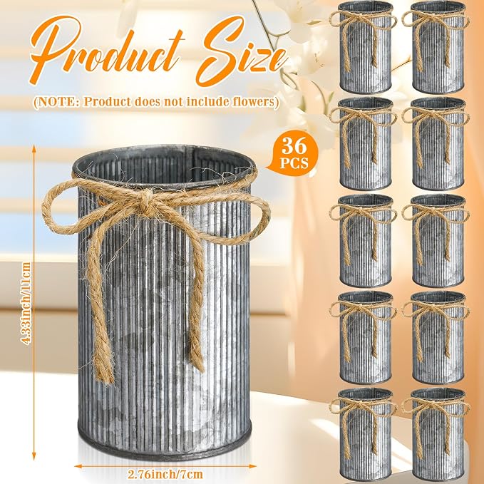 Rustic Vase for Table Centerpieces 4.33 Inch Small Petite Flower Vase with Twine Bow Vintage Farmhouse Decor for Wedding Reception Dining, Home Galvanized Metal Buckets(Iron Color,36 Pcs)