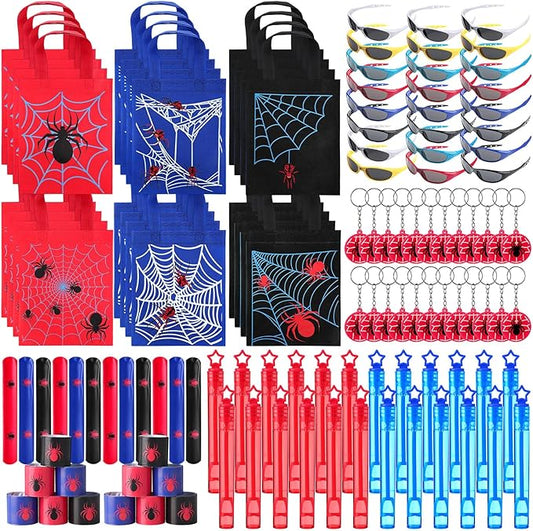 Foilswirl 120 Pcs Spider Party Favors Include Spider Sunglasses, Web Gift Tote Bags, Slap Wristbands, Silicone Keychains and Blue Red Star Bubble Wands for Birthday Comic Hero Party Decoration