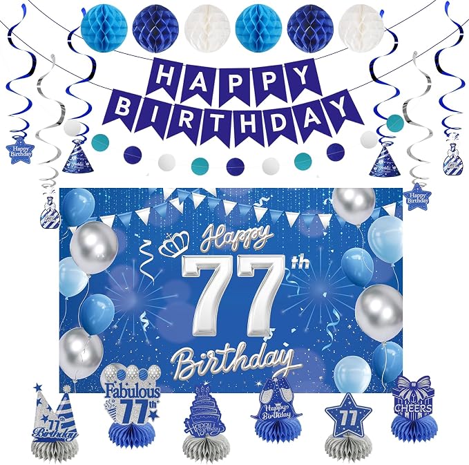Happy Birthday Party Decoration Set: Including Birthday Banner Backdrop, Party Table Centerpieces and Hanging Swirl Party Streamers, Birthday Decor Suppliers for Men and Women (Blue, 77th Birthday)