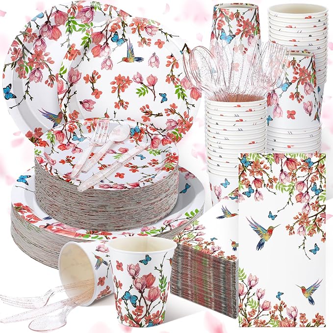 Sinmoe 400 Pcs Summer Hummingbird Floral Plates and Napkins Set Flower Dinnerware Disposable Party Supplies for 50 Guest Dinnerware Knife Fork Spoon for Summer Hummingbird Birthday Party Decoration