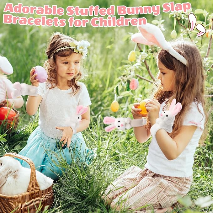 Lenwen 8 Pcs Stuffed Bunny Rabbit Animals Slap Bracelets for Kids 8.66 Inch Back to School Plush Animal Bracelets Adopt a Bunny Party Favors Wrist Slap Snap Band Toy for Boys Girls Birthday Gifts