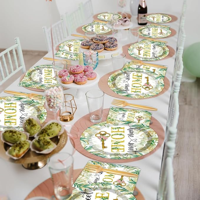 50 Guests House Warming Party Supplies Decoration Housewarming Party Plates and Napkins Forks Sweet Home Tableware Decor Rustic Floral Paper Disposable Plates for New House Wedding Supplies 200PCS