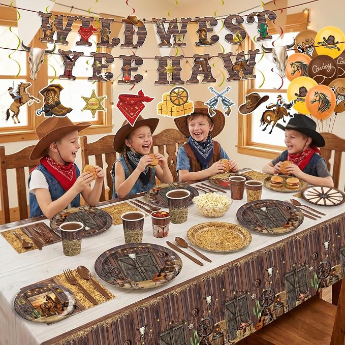 203pcs Western Cowboy Birthday Party Decorations Disposable Tableware Set Include Plates, Napkins, Cups, Cutlery, Balloon, Banner, Hanging Swirl, Tablecloth for Cowboy Birthday Decor Serve 24