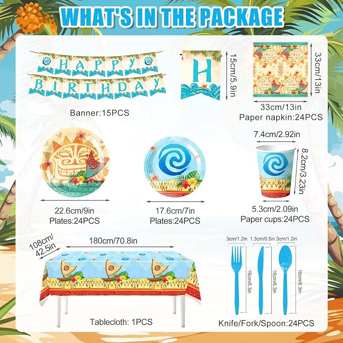 170PCS Tropical Birthday Party Decorations Set - Hawaiian Luau Tableware Set with Plates, Cups, Napkins, Cutlery, Tablecloth & Banner for Ocean Princess Party Supplies, Serves 24 Guests