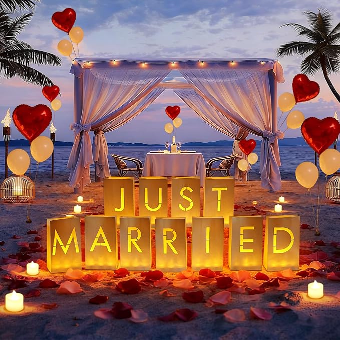 Just Married Luminary Paper Bags with LED Tea Lights Flameless Candles Balloons Rose Petals, Light Up Letters Signs for Valentines' Day Engagement Romantic Decorations