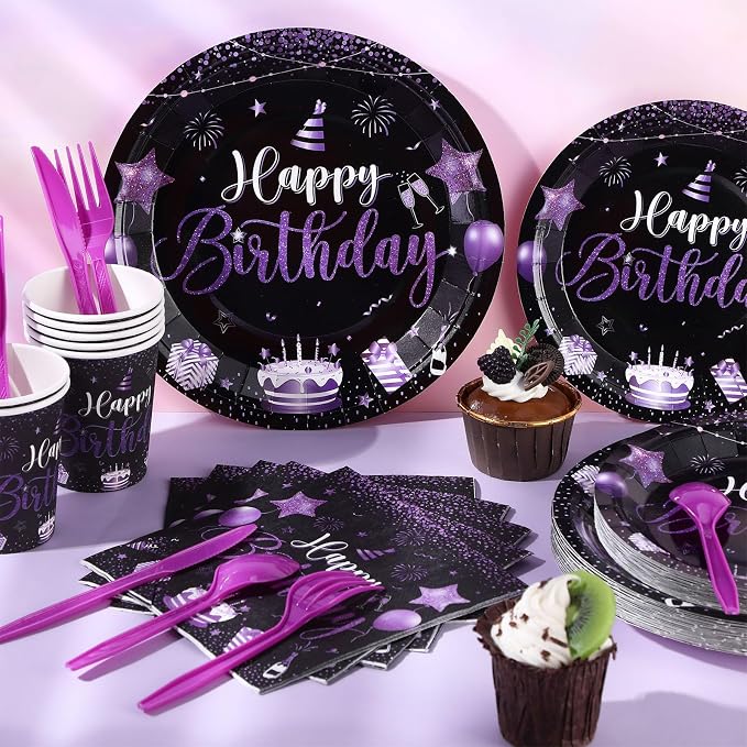 Vesici 171 Pcs Happy Birthday Party Supplies 24 Set Disposable Party Tableware include Plates Cups Napkins Cutlery and Banner Tablecloth Birthday Dinner Decorations for Men Woman(Black, Purple)