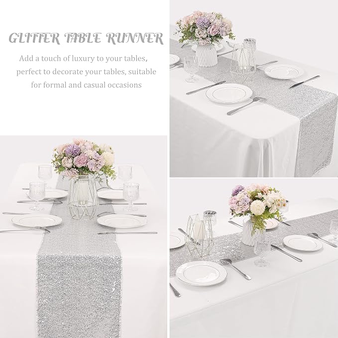 6 Pack Sequin Table Runner 12" x 108" Sparkle Table Runner for Baby Bridal Shower Wedding Birthday Party Table Decor (Silver)