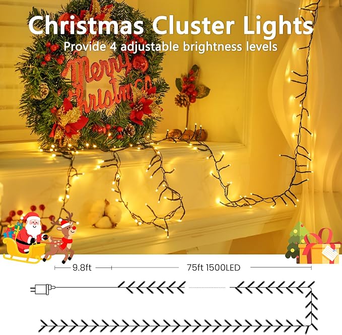 BHCLIGHT 75FT 1500 LED Cluster Christmas Lights, Christmas Tree Lights Outdoor 8 Modes with Timer & Remote, Firecrackers String Lights Waterproof for Garland Party Xmas Decorations, Warm White