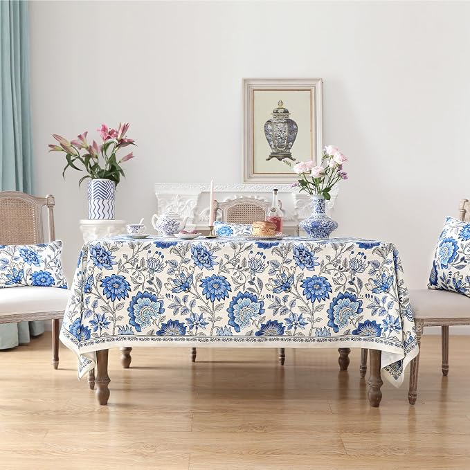 ISAENNE Designer French Linen Rectangular Tablecloth,79"x55"-Blanch | Chinoiserie Vintage Elegant Table Cloth Rectangle Table,Blue Floral Pattern,Beautiful,Dining Room,Kitchen,Thanksgiving
